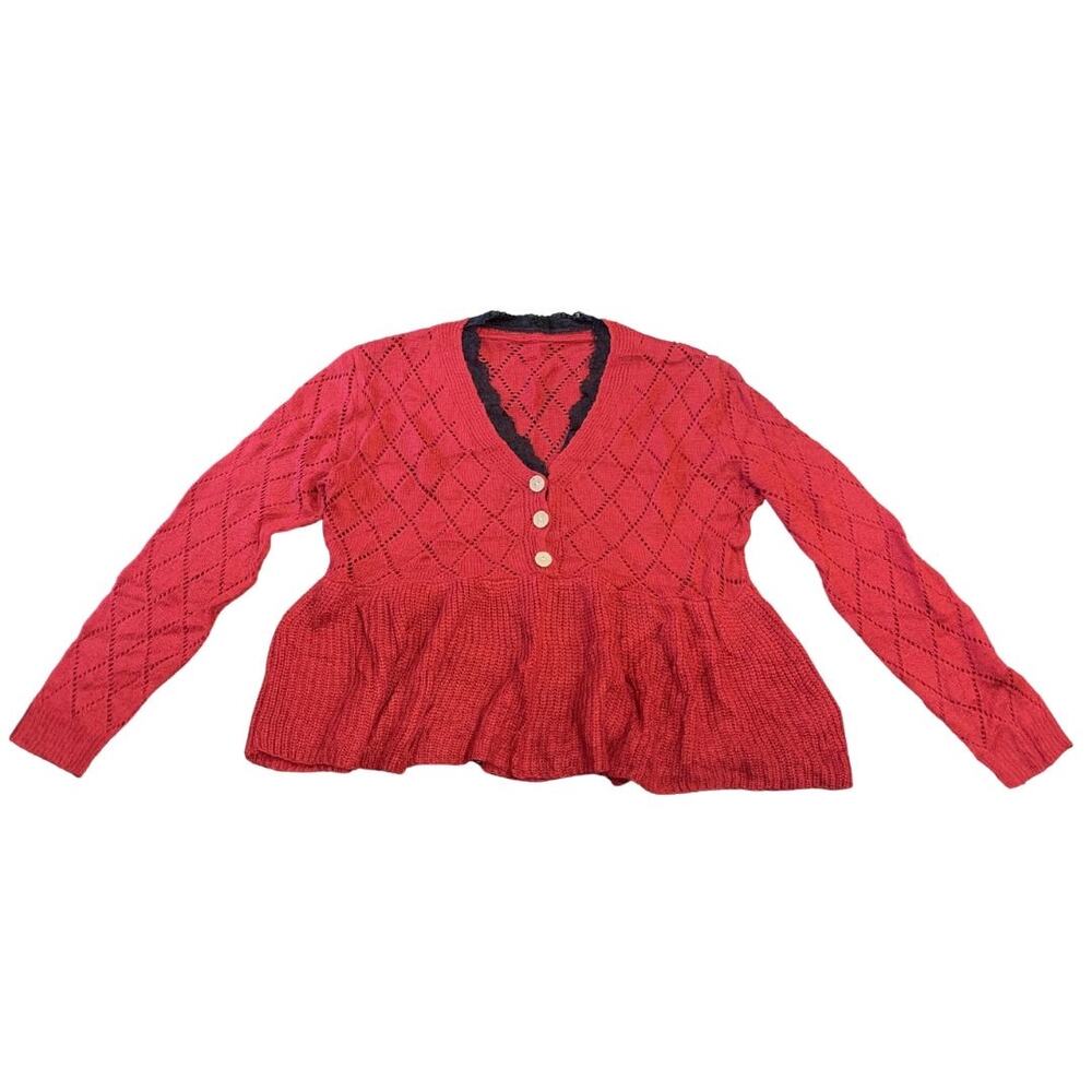 Shein Red Peplum Lace Trim Sweater Top Button Plus Size 1XL Preppy Academia Chic